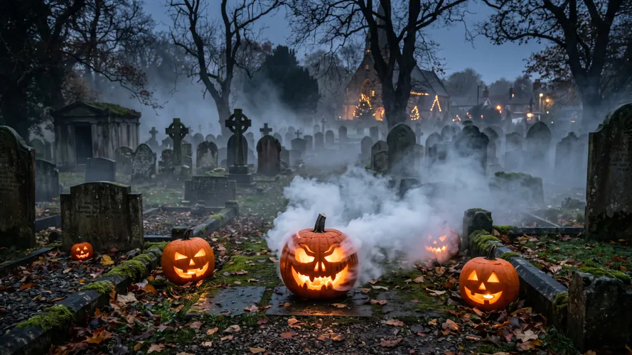 Spooky Halloween Pumpkins in Foggy Cemetery