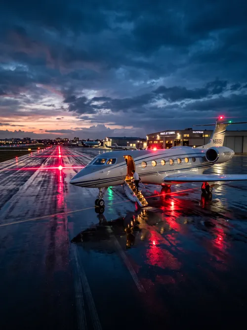 Private Jet on Wet Runway