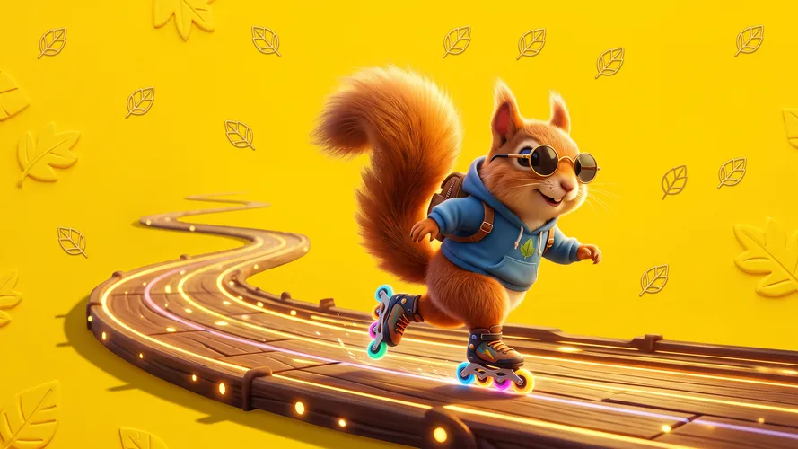 Cool Squirrel Roller Skating on Yellow Background