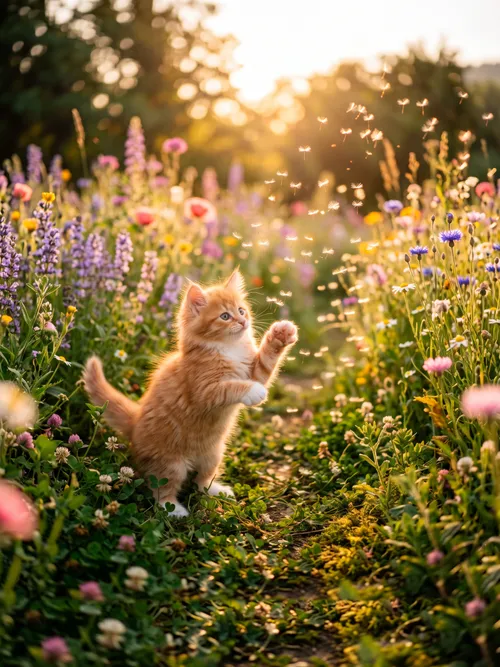 Flauschiges Kätzchen beim Spielen auf Blumenwiese