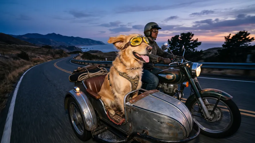 Dog Riding Motorcycle with Owner