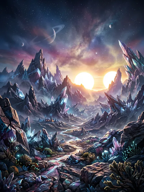 Alien Crystal Landscape Under Twin Suns
