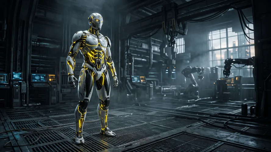Futuristic Robot in Industrial Factory