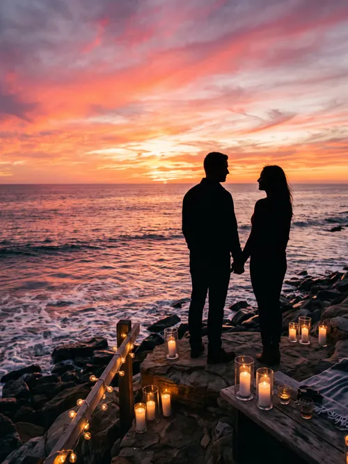 Pareja romántica viendo el atardecer en el océano