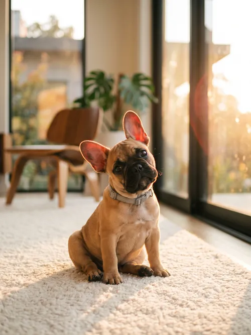 Adorável filhote de bulldog francês dentro de casa