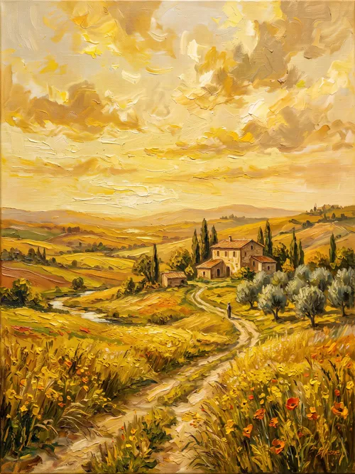 Dipinto a olio della campagna toscana dorata
