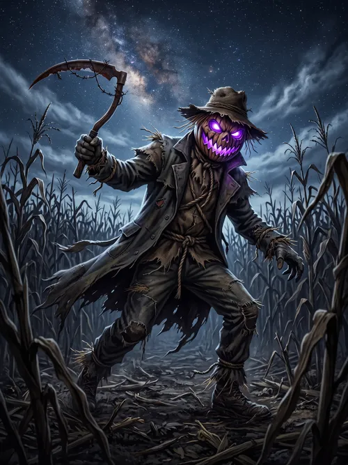 Scary Pumpkin Scarecrow in Cornfield