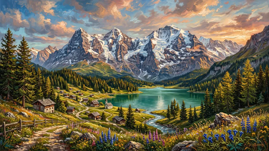 Paisagem de lago em vale de montanha