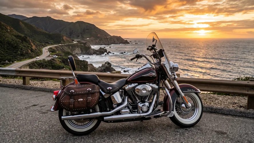 Motocicleta clássica no pôr do sol do oceano