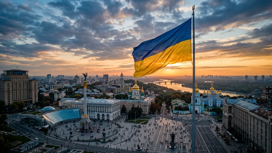 Ukrainian Flag Over Kyiv Skyline
