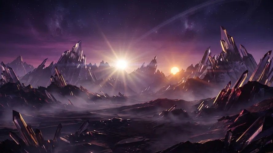 Paysage de cristaux extraterrestres au coucher du soleil