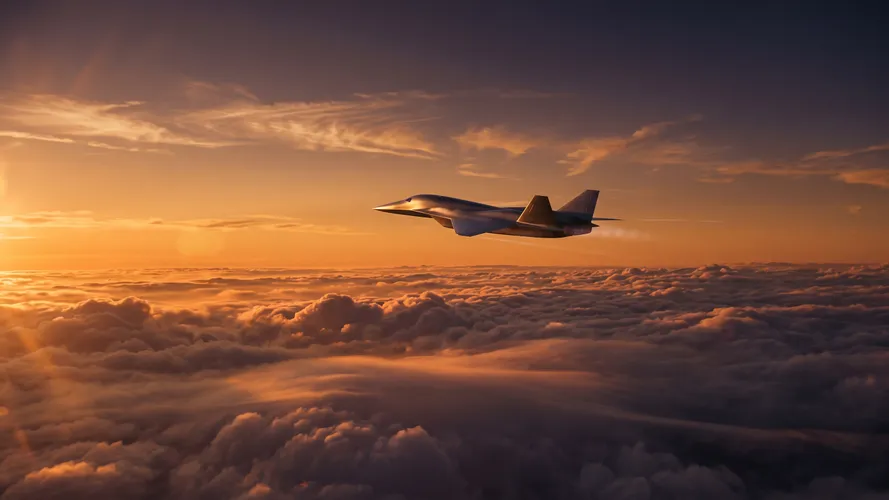 Jet supersonico che vola sopra le nuvole