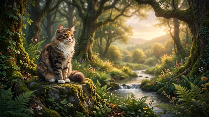 Gato esponjoso en el bosque encantado